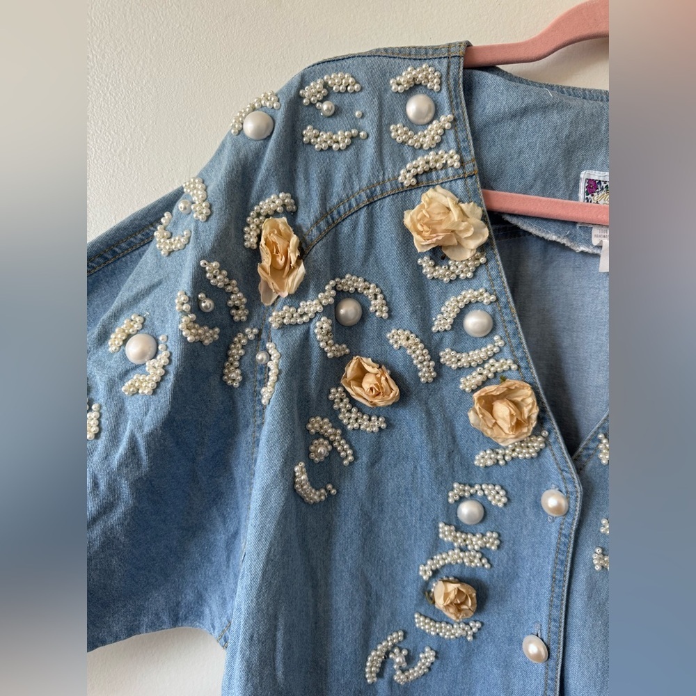 Vintage Denim Midi Dress Pearl Beaded Floral Appliqué Button Front Long Sleeve M - Picture 2 of 8